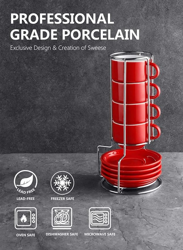 Sweese 4 Ounce Porcelain Stackable Espresso Cups with Saucers and Metal Stand Set of 4, Red - Image 9