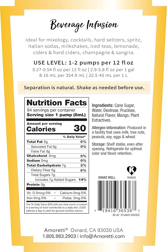 Amoretti - Spicy Mango Beverage Infusion - Drink Mix & Water Enhancer with Pump for Flavoring Cocktails, Waters, Teas, and other Beverages, Preservative Free