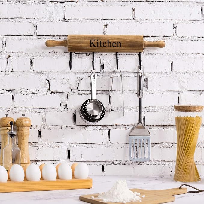 MyGift Rustic Burnt Brown Wood Kitchen Hooks for Hanging Cooking Utensils, Coffee Mugs and Hand Towels, Decorative Rolling Pin Design Kitchen Wall Decor with 4 Hooks | Four sturdy hooks provide convenient hanging space for mugs, towels, utensils, apron... - Image 3