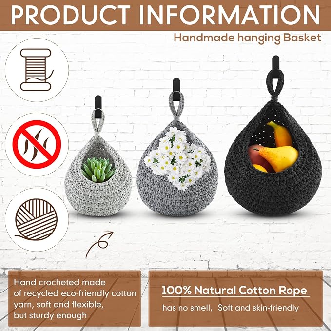 Honeydak Boho Decor Hanging Wall Baskets for Kitchen 3 Pack Teardrop Baskets with Hooks Storage Fruit Onion Vegetable Potato for Home 3 Sizes(Light Grey, White, Dark Grey,Teardrop,Cotton Rope) - Image 3