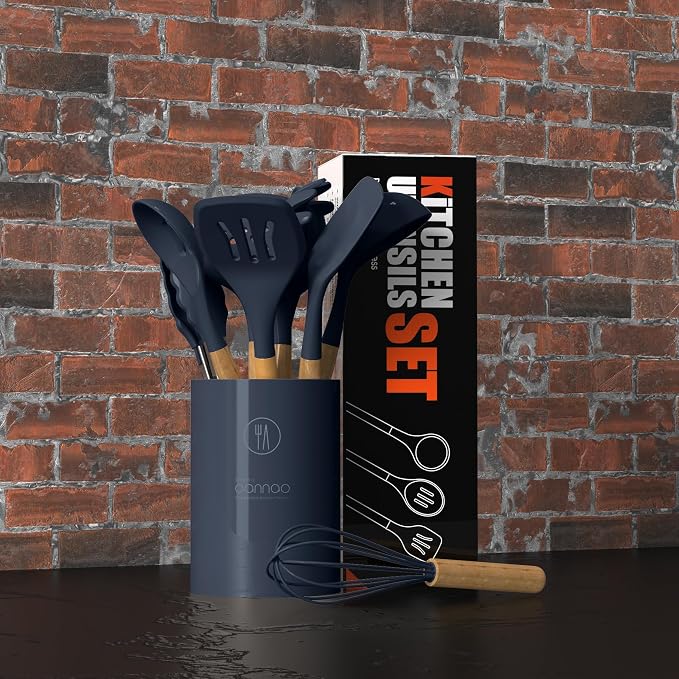 oannao Silicone Cooking Utensils Set - 446°F Heat Resistant Silicone Kitchen Utensils for Cooking,Kitchen Utensil Spatula Set w Wooden Handles, BPA FREE Gadgets for Non-Stick Cookware (Navy Blue) - Image 5