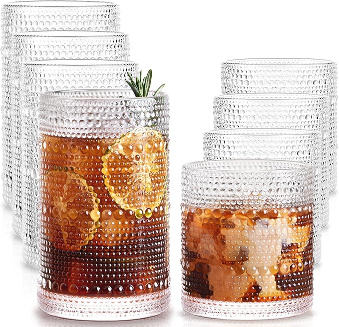 Drinking Water Glass Cups Set,Crystal Hobnail Glass set of 8,15oz&12oz | Unique Design Vintage Tall Glass Cups Sets for Whiskey,Cocktail,mocktails by LUNAMANTHA