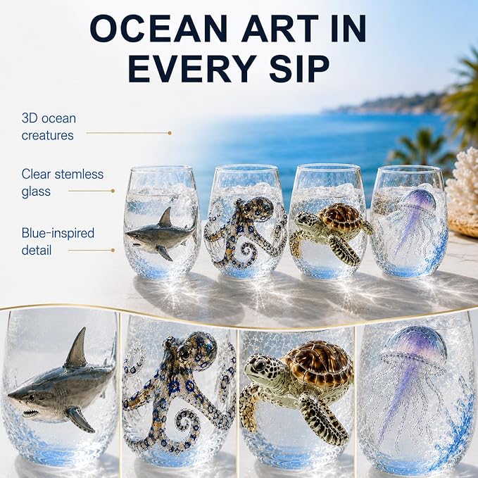 Coastal Stemless Wine Glasses Set of 4, 12oz 3D Ocean Animal Artisan Glassware Collection with Unique Sea Life Designs (M - Set of 4) - Image 2
