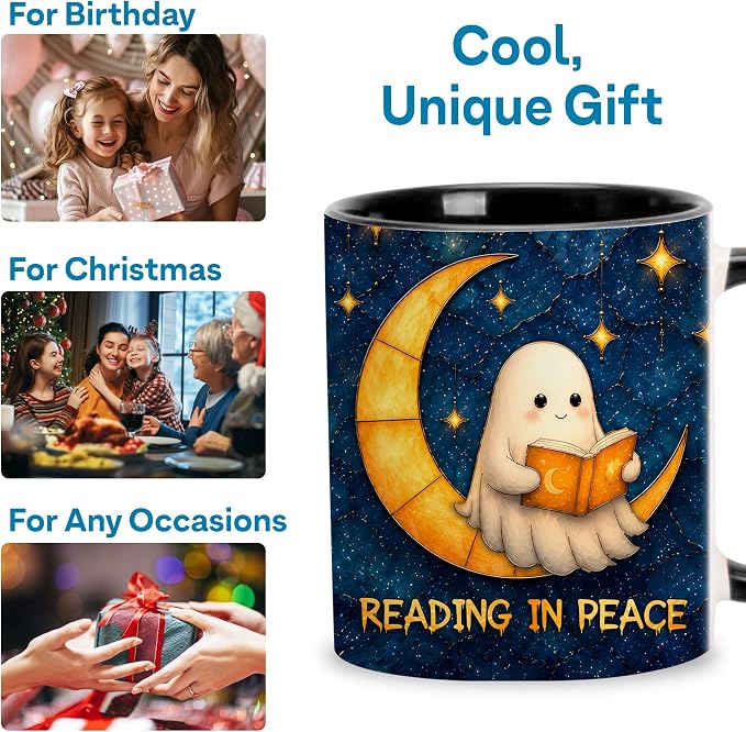 Hyturtle Cute Ghost Reading Mug with Spoon Gift for Book Lover on Halloween | Spooky Ghost Reading Themed Gifts for Readers, Halloween Decor, Double-sided print 11oz ceramic mug, Comfort grip handle - Image 9