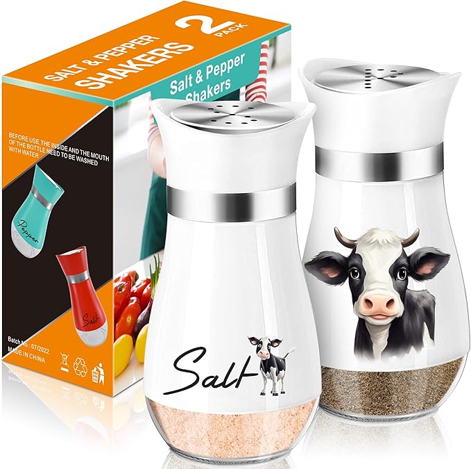 Cow Salt and Pepper Shakers Set,4 oz Glass Bottom Salt Pepper Shaker with Stainless Steel Lid Animal Decorations Country Kitchen Decor Farmhouse Gifts for Farmers(Cow) by ARROZON