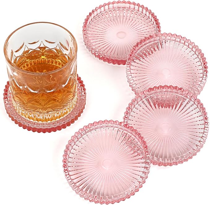 Modern Clear Coaster Set of 5- Glass Coasters for Drinks, Clear Pink | Crystal Coasters Round Cup Coaster Coffee Table Decor for Office, Kitchen, Bar, Dining Room, Living Room, Patio by Unknown