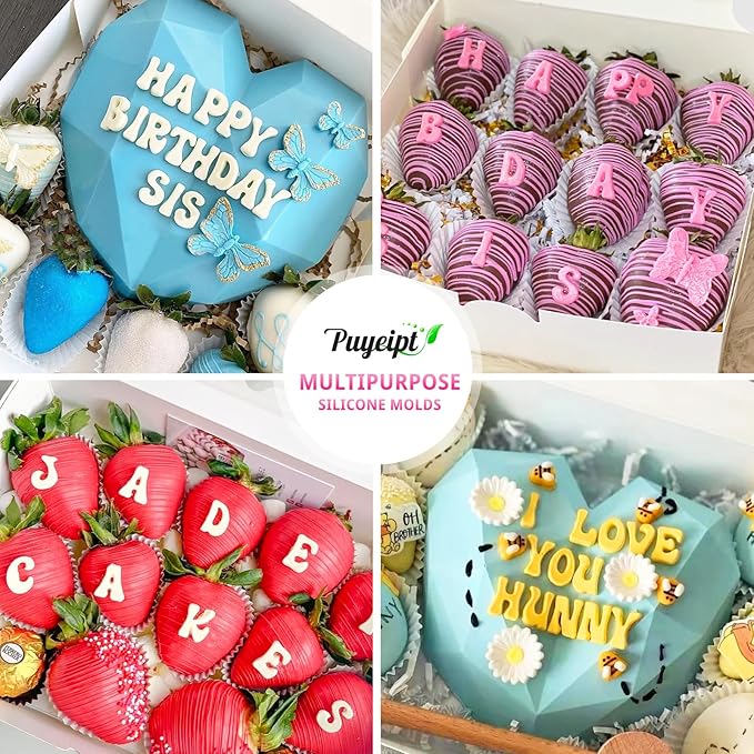 4 Pcs Silicone Letter Molds for Chocolate, 0-9 Number and 26 Alphabet Letter Molds Fondant Mold for Edible Cake Dessert Decorating
