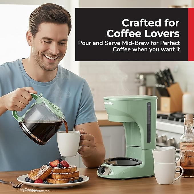 MUELLER HOME 12-Cup Drip Coffee Maker, Green, Borosilicate Carafe | Auto-Off, Reusable Filter, Anti-Drip, Keep-Warm Function, Clear Water Level Window - Image 8