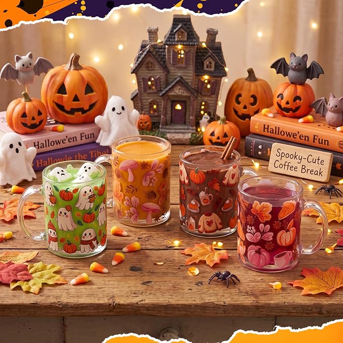 Tioncy 4 Pcs Halloween Coffee Mugs 12 oz Ghost Glass Cups with Handle Halloween Pink Pumpkin Ghost Leaves Coffee Cup Sweet Holiday Gifts Drinking Containers Party Decor - Image 6