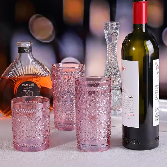 abrwyy Pink Glassware set of 4, Vintage Drinking Glasses, 10oz Pink Heavy Duty Glass Cups, Old Fashioned Glass, Embossed Glasses Set for Party Wedding Home Office Glassesware Gift - Image 4