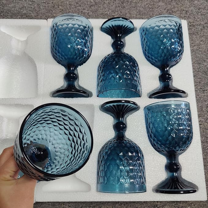 Taganov Blue Wine Glass Goblets set of 6 Vintage Glassware Colored Stemware 13.5 oz for Wedding Party Bar Housewarming Gift - Image 5