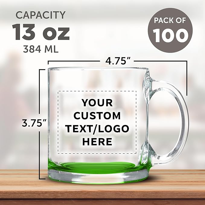 Custom Libbey Clear Glass Coffee Mugs 13 oz. Set of 100, Personalized Bulk Pack - Perfect for Coffee, Tea, Espresso, Hot Cocoa, Other Beverages - Green Bottom