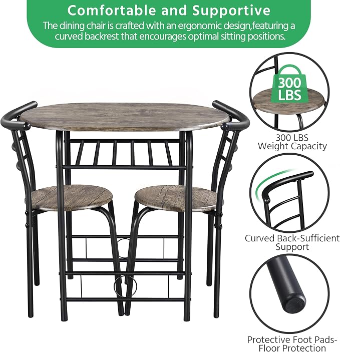 Yaheetech 3 Piece Dining Table Set, Kitchen Table & Chair Sets for 2, Compact Bistro Table Set with Steel Legs, Built-in Wine Rack for Small Space, Apartment, Breakfast Nook, Drift Brown - Image 4
