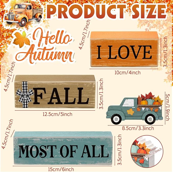 4 Pcs Thanksgiving Decoration for Home Fall Truck Decor Fall Tiered Tray Decor Rustic Wooden Truck Block Sign Gift Thanksgiving Centerpiece Autumn Table Decorations for Harvest Party Kitchen Home - Image 3
