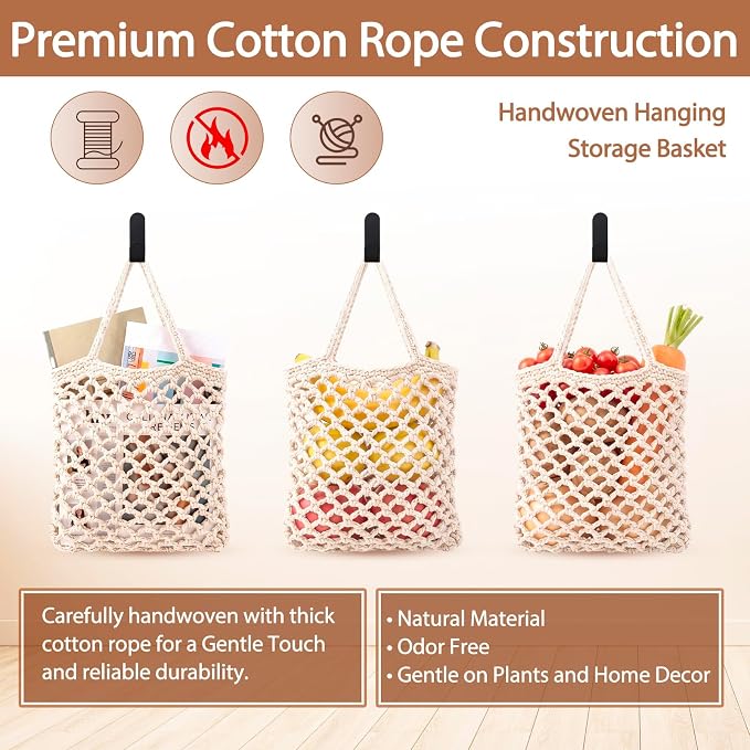 Honeydak Boho Decor Hanging Wall Baskets for Kitchen 3 Pack Teardrop Baskets with Hooks Storage Fruit Onion Vegetable Potato for Home(White,Mesh,Cotton Rope) - Image 3