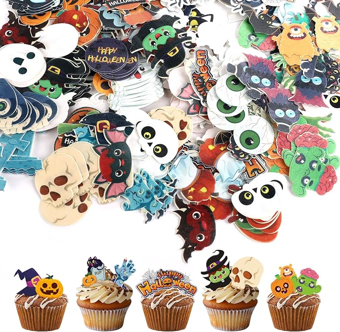 280pcs Halloween Cake Decoration - Edible Dessert Toppers With Ghost, Bat, Graveyard, Zombie, Skeleton, Spider, Pumpkin, Witch Hat, Eyeball (40 Styles) by lasuroa