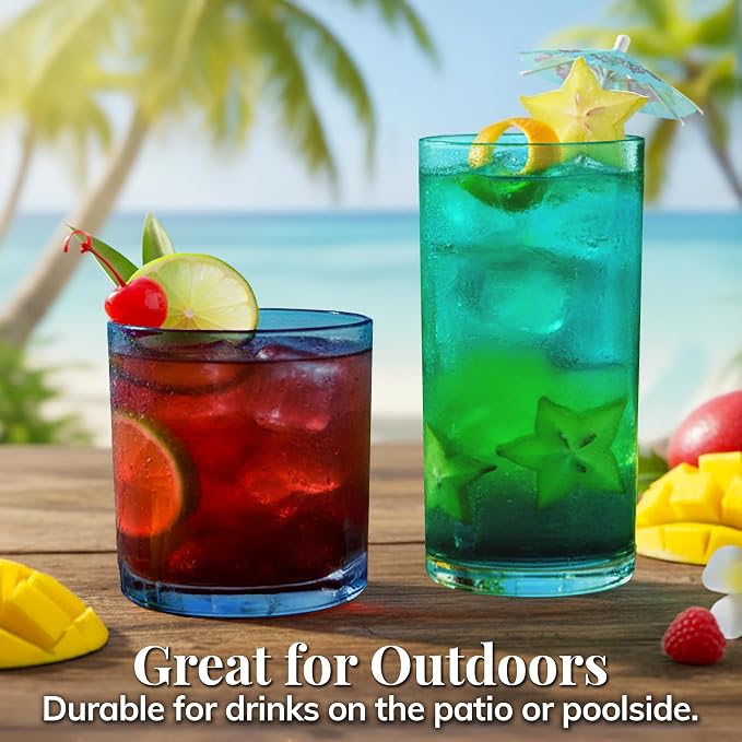 US Acrylic Classic Plastic Reusable Drinking Glasses (Set of 8) 12oz Rocks & 16oz Water Cups in Coastal Colors | BPA-Free Tumblers, Made in USA | Top-Rack Dishwasher Safe - Image 7