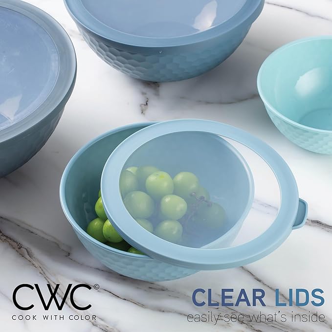 COOK WITH COLOR Mixing Bowls with Lids - 12 Piece Plastic Nesting Bowls Set includes 6 Prep Bowls and 6 Lids, Non Slip Bottom and Embossed Design - Microwave Safe (Blue)
