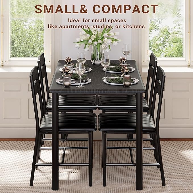 IRONCK Dining Table Set for 4, Black | Wood Kitchen Table with Upholstered Chairs for Kitchen Room and Small Spaces - Image 5