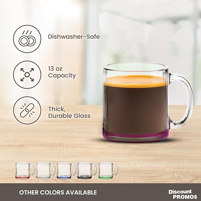 Libbey Clear Glass Coffee Mugs 13 oz. Set of 10, Bulk Pack - Perfect for Coffee, Tea, Espresso, Hot Cocoa, Other Beverages - Pink Bottom