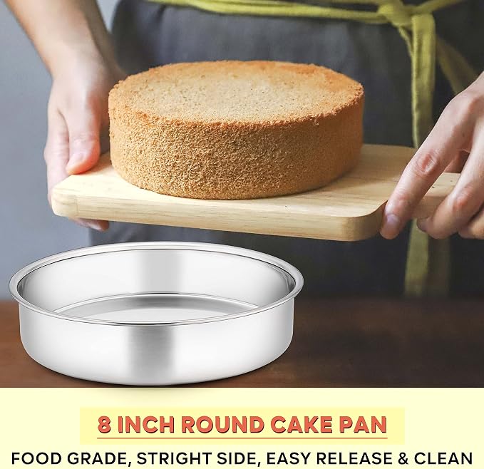 Herogo 8 Inch Round Cake Pan Set of 3, Stainless Steel Nonstick Layer Tier Birthday Wedding Cake Pans, Fit Oven Pots Pressure Cooker, Mirror Finish, Dishwasher Safe - Image 4