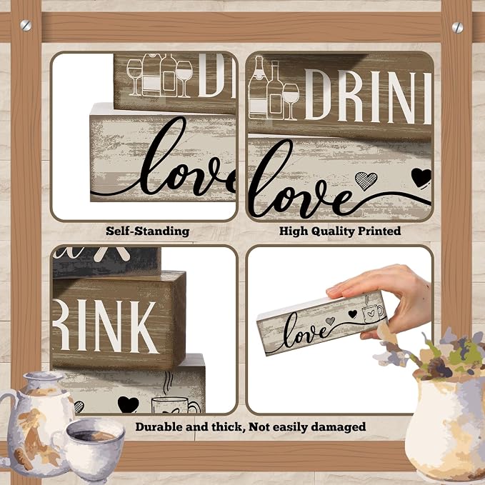 Moucuny 4 Pcs Farmhouse Kitchen Decor Wooden Plate Farmhouse Table Decor Black Brown and White Plate Tableware Centerpiece Rustic Decorative Plates Block Sign for Display Cabinet Kitchen Decoration - Image 6