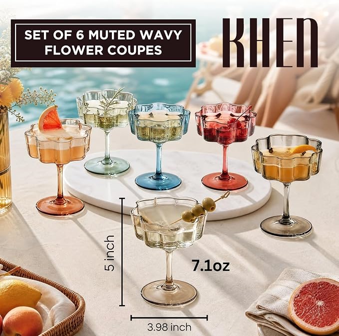 Flower Scalloped Vintage Wavy Petals Wave Glass Coupes 7oz Colorful Martini, Champagne & Cocktails, 6 Set Muted Pastel Shades Rippled Champagne Glasses, Elegant Bar Glassware, Aesthetic Cute Coupe - Image 2
