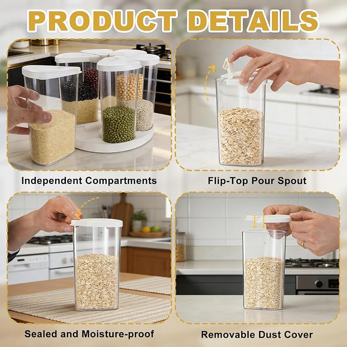 5-10 lbs Rice Dispenser 6 Grids 360° Rotating Cereal Dispenser Countertop BPA-Free PET Grain and Rice Storage Container with Lids Dry Food Dispenser Grain Canister Sets for Oats Flour Corn Flakes - Image 3