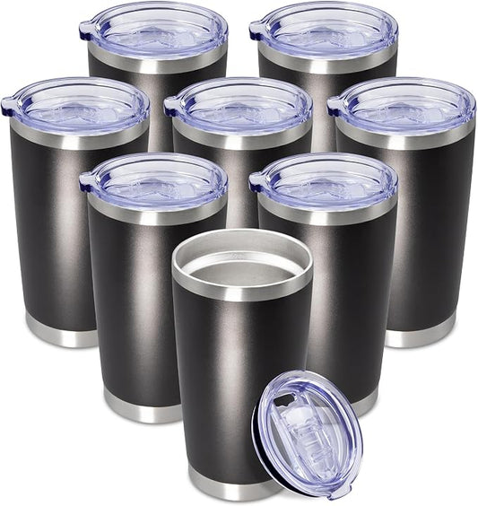 20oz Tumbler Insulated Coffee Tumblers with Lid Stainless Steel Black 8P | 20 oz Tumblers Double Wall Insulated Vacuum 20oz Coffee Mug Leak Proof Tumblers with Lid Powder Coated - Black 8 Pack by AEPDTD