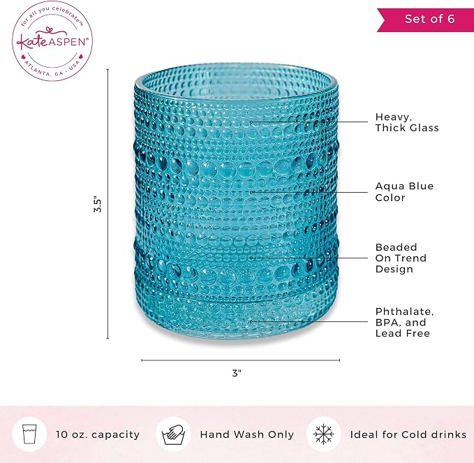Kate Aspen Hobnail Beaded Drinking Glasses Vintage Glassware Set | Cocktail Glass Set, Juice Glass, Water Cups | Makes A Great Hostess Gift, Gift for Newlyweds (Aqua Blue) - Image 6