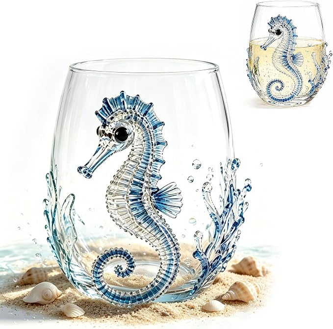 Novelty Seahorse Tumbler Glasses, 3D Artisanal Ocean Themed Embossed Cups, 12oz Decorative Bar Glassware Gift Set(1pcs) by Unknown