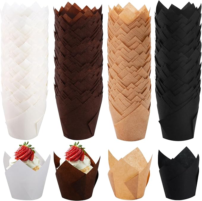 150 Pcs Mini Cupcake Liners Muffin Liners Baking Cups | Tulip Cupcake Liner for Baking Wedding, Birthday, Baby Shower Parties, Brown, Natural, White, Black by Ruisita