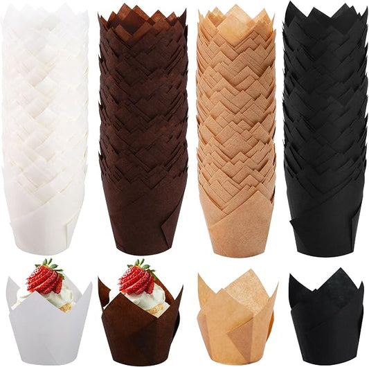 150 Pcs Mini Cupcake Liners Muffin Liners Baking Cups | Tulip Cupcake Liner for Baking Wedding, Birthday, Baby Shower Parties, Brown, Natural, White, Black by Ruisita