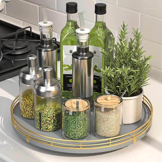 Oroyutor 12-Inch Gray Wooden Lazy Susan Spice Organizer with Gold Rail | Rotating oak tray organizes spices, toiletries and decor on kitchen counters, bathroom vanities, dining and coffee tables. by Oroyutor