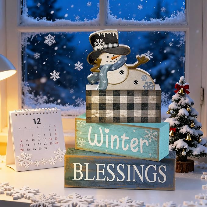 Moucuny 4 Pcs Winter Table Decorations Playful Snowman Decor Indoor Winter Tiered Tray Decor Rustic Wooden Decorative Snowman Block Sign Gift Snowflake Centerpiece Farmhouse for Home Kitchen - Image 6