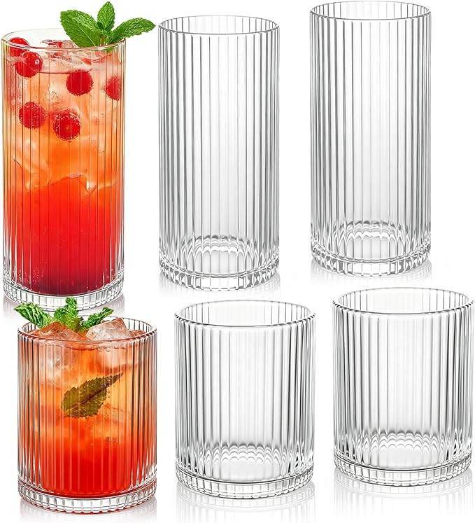 Ribbed Drinking Glasses 6pcs, 12oz and 10oz Glassware, Tumbler Glasses Cup Set for Wedding, Party, Christmas Gift, Clear by Lumkit