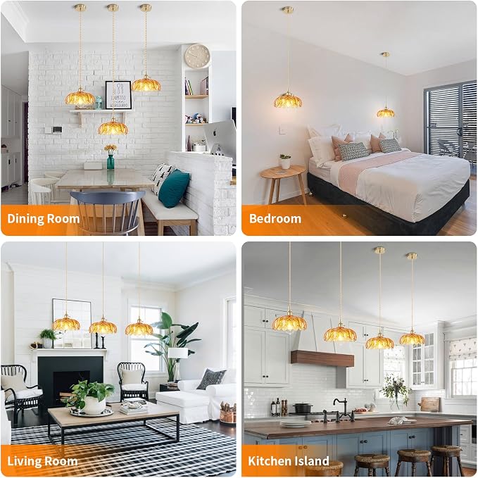 Kitchen Island Pendant Lights, E26 Nordic Pendant Lamp 10.3“ Small Vintage Style Amber Glass Hanging Lighting Fixtures Over Dining Room Table for Bedroom,Bar,Over Sink UL Certified Lighting - Image 7