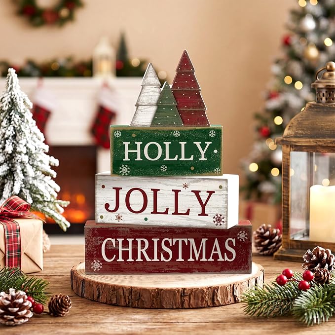 Moucuny 4 Pcs Christmas Table Decorations Rustic Christmas Tree Stacked Wooden Decor Holly Xmas Tree Block Signs Gift Red Green and White Winter Tiered Tray Decor Farmhouse for Home Xmas Party Kitchen - Image 2