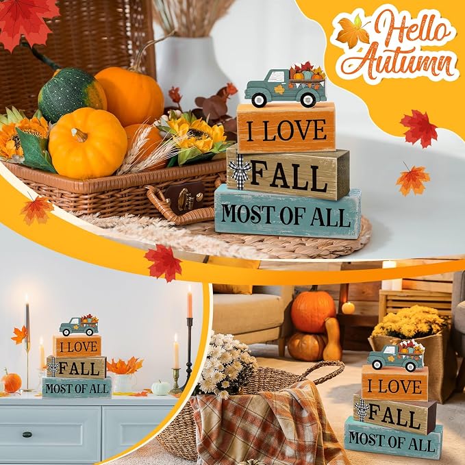 4 Pcs Thanksgiving Decoration for Home Fall Truck Decor Fall Tiered Tray Decor Rustic Wooden Truck Block Sign Gift Thanksgiving Centerpiece Autumn Table Decorations for Harvest Party Kitchen Home - Image 5