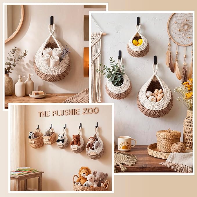 Honeydak Boho Decor Hanging Wall Baskets for Kitchen 3 Pack Teardrop Baskets with Hooks Storage Fruit Onion Vegetable Potato for Home 3 Sizes(White with Light Linen,Teardrop,Cotton Rope) - Image 6