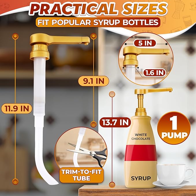 Sauce Pump Dispenser – Works with Torani, DaVinci (64oz), & Ghirardelli (87-90oz) Bottles | Pump for Coffee Syrup Bottle | Precise Dispensing 0.5oz & Lockable Design – Long Tube with Adjustable Length