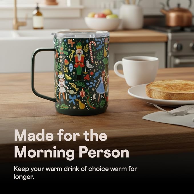 Corkcicle x Rifle Paper Co. Triple Insulated Coffee Mug with Lid & Handle - Keeps Beverages Hot for 3+ Hours - Gift for Mom - Great for Mother's Day or Christmas - 16 oz - Nutcracker Green - Image 6