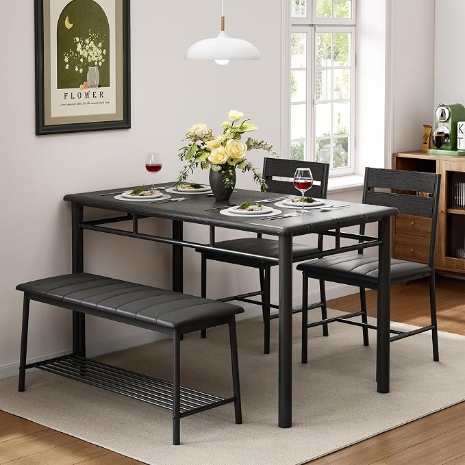 IRONCK Dining Table Set for 4, Kitchen Table and Chairs Set, Black | Kitchen Table with Upholstered Bench and 2 Chairs for Small Space, Apartment - Image 4