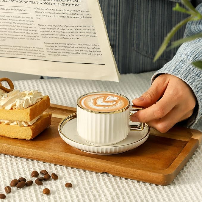 LETAOTAO Espresso Cups Set of 4, 3oz Espresso Cups and Saucers | Ceramic Coffee Cups with Gold Trim, Stackable Mini Demitasse Mugs for Espresso, Cappuccino,Latte, Americano and Tea - Image 5