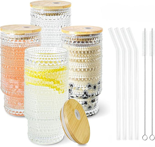 4 Pcs 11 oz Drinking Glasses Cups Set with Bamboo Lids Straws Brush Small Drinking Glassware Set for Juice Iced Coffee Cocktail Whiskey(Hobnail*4) | Vintage Iced Coffee Cup with Bamboo Lid, Cute Stackable Glassware for Cocktail Juice Matcha Smoothie Ho... by ICESIP