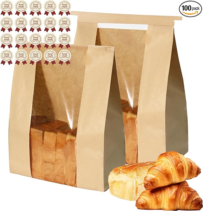 WIKDAY 100PCS Sourdough Bread Bags with Window for Homemade Bread Paper | Tin Tie Tab Lock, with Thank You Seal Sticker, Large, for Baked Food Packaging Storage Gift Giving 13.7x8.3x3.5in Home Baking by WIKDAY