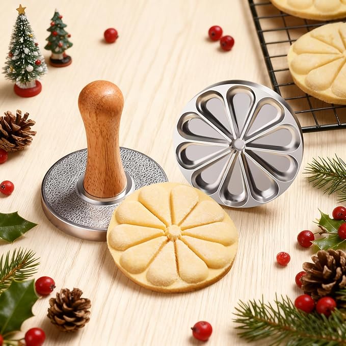 OPPEIN Cookie Stamps, Metal Christmas Cookies Press Cutter Mold with Wooden Handle, Cookie Decorating Supplies for DIY Baking, Cake, Pastry, Christmas (Silver-3*)