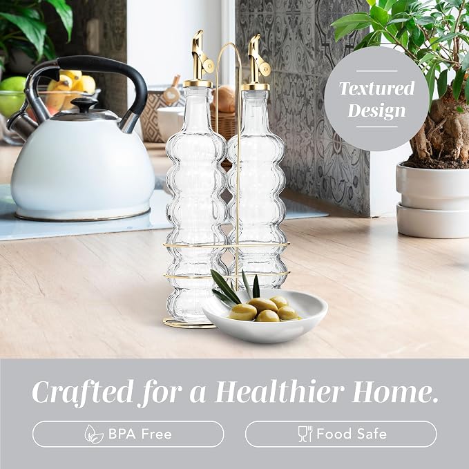 COOK WITH COLOR Glass Olive Oil Bottle Dispenser, Clear, Elegant Waves | 2 Pack, 17oz, Oil and Vinegar Cruet, Olive Oil Carafe Decanter, For Kitchen - Image 4