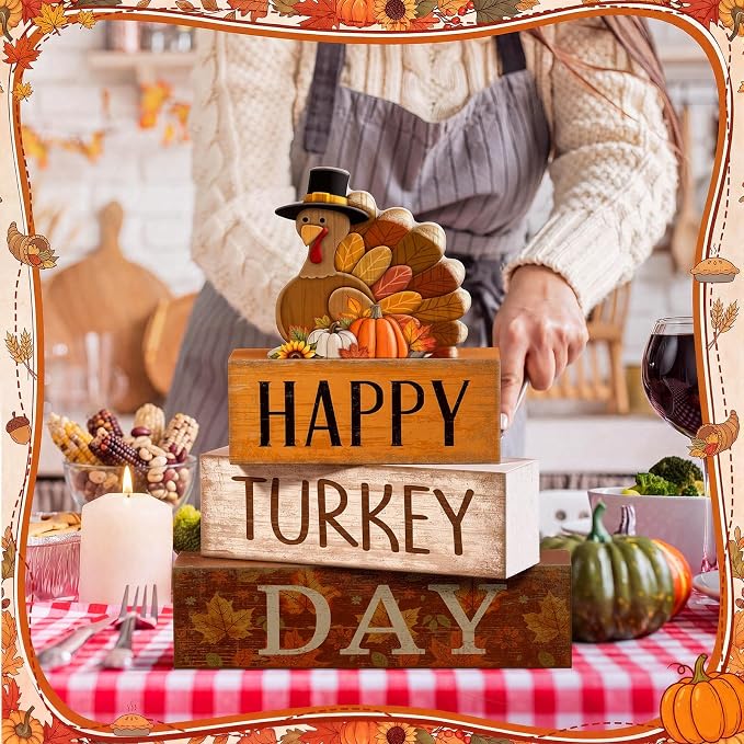 Moucuny 4 Pcs Fall Table Decorations for Home Thanksgiving Turkey Wooden Stacked Sign Decor Thanksgiving Tiered Tray Decor Rustic Happy Turkey Day Block Sign for Autumn Harvest Party Kitchen Shelf - Image 7