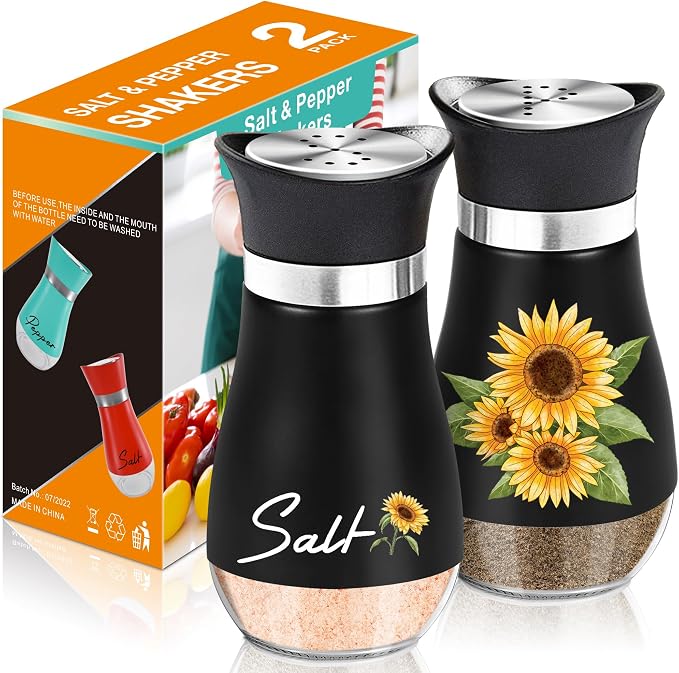 Black Sunflower Salt and Pepper Shakers - 4 oz Farmhouse Kitchen Set | Sunflower Design Adds Farmhouse Charm to Kitchen Tables and Holiday Decor for Housewarming, Thanksgiving and Christmas. by ARROZON